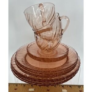 Arcoroc Rosaline Pink Swirl Depression Glass Plates Cup Made In France Set of 14